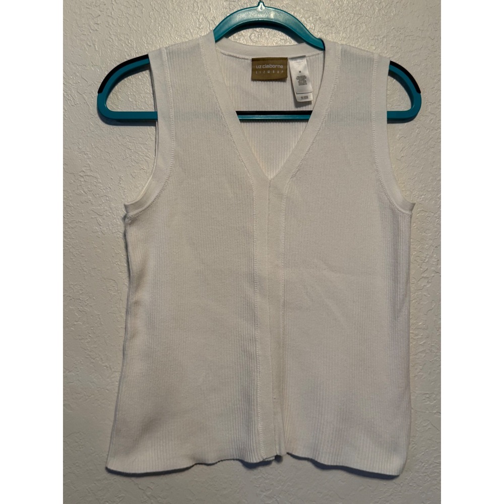 Liz Claiborne Lizwear White V-Neck Ribbed Knit Sleeveless Top LWMU9638 Size M